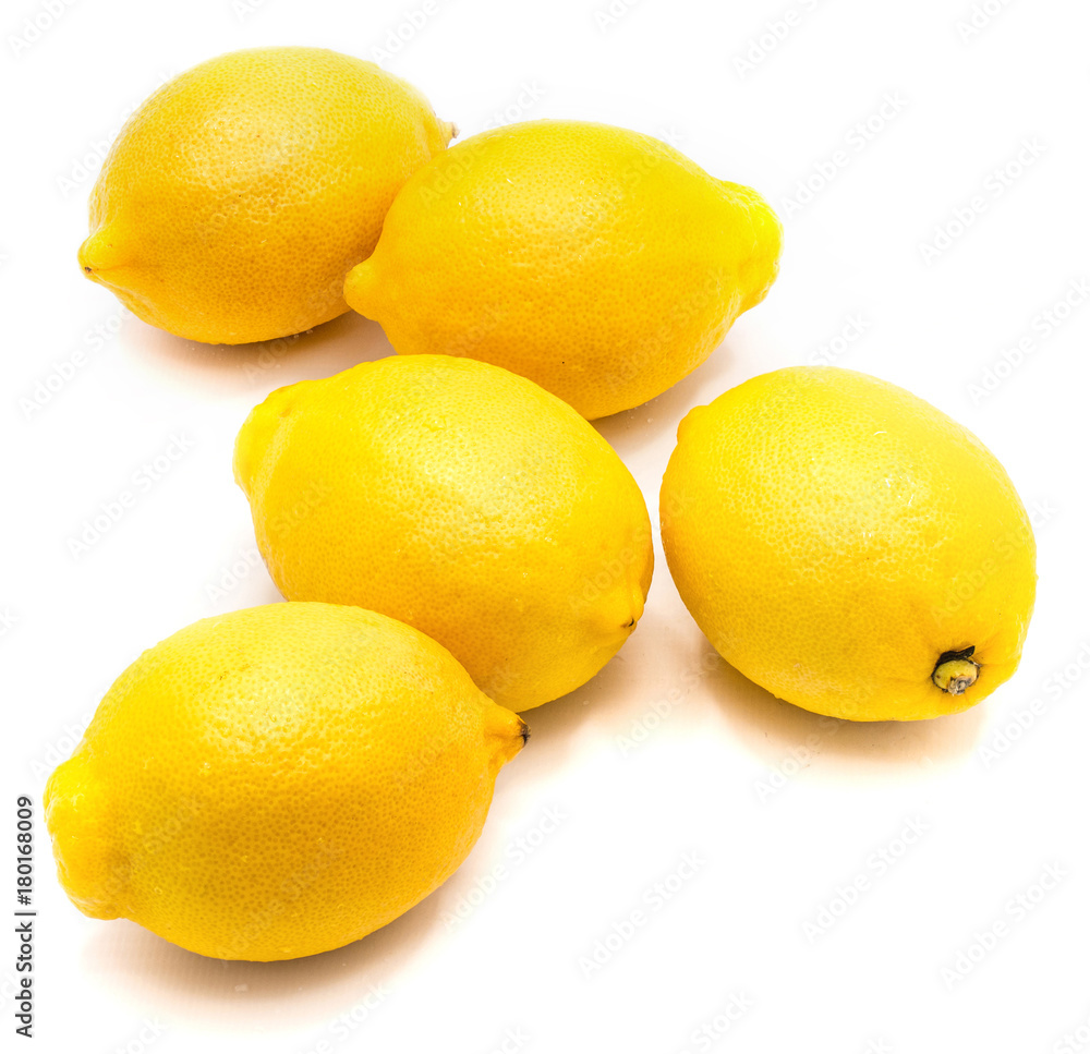 Composition of five whole yellow lemons isolated on white background . Composition of five whole yellow lemons isolated on white background .