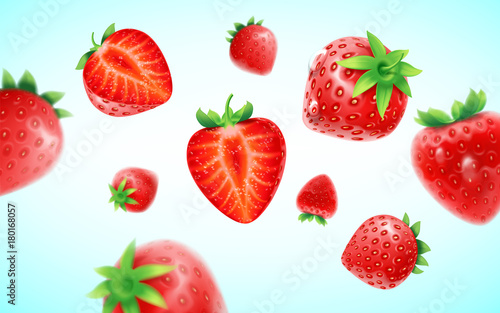 Strawberry set, detailed realistic ripe fresh strawberries with half and green leaves with water droplets isolated on a blue background. 3d illustration