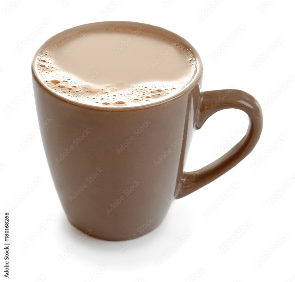 Cup with delicious cocoa drink on white background Cup with delicious cocoa drink on white background