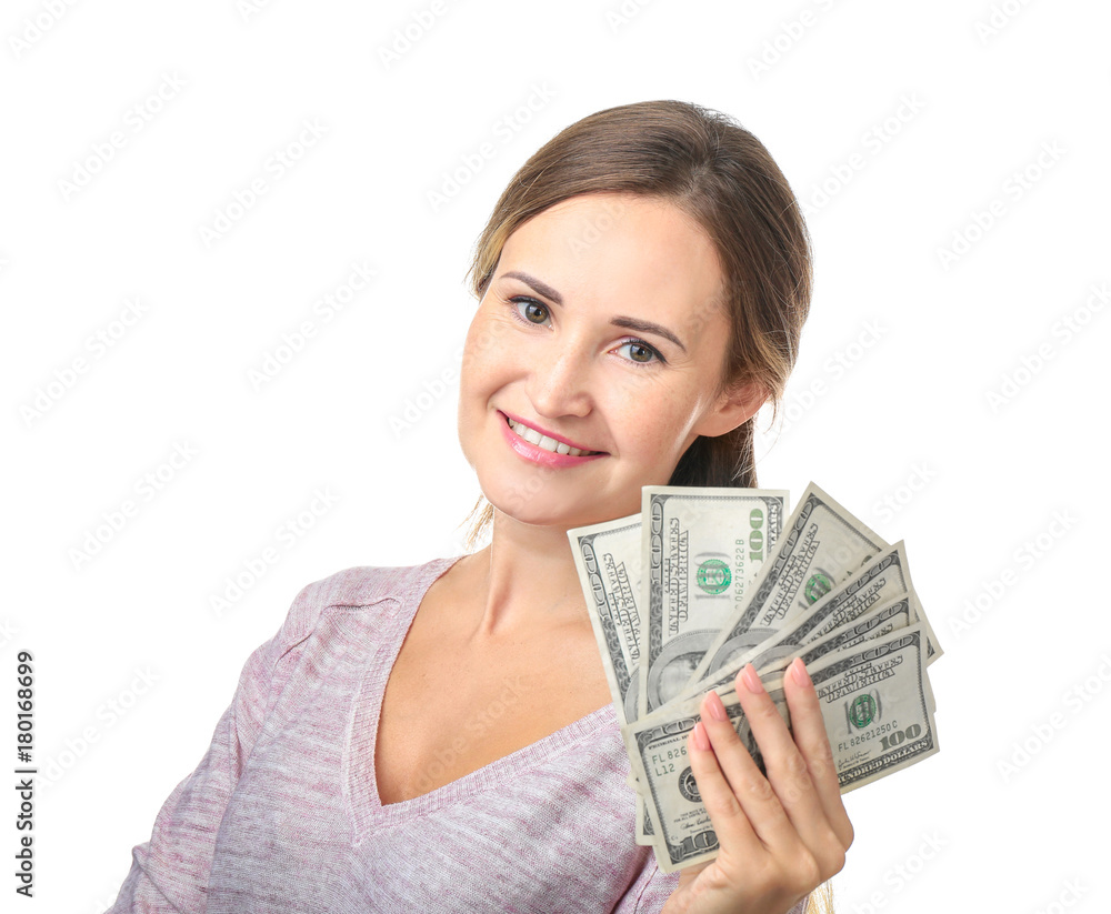 Beautiful young woman with money on white background Beautiful young woman with money on white background