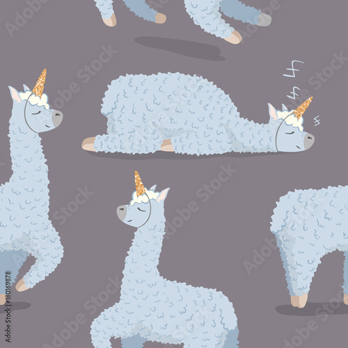 seamless pattern with cute cartoon lama alpaca with unicorn horn and gold glitter texture.Vector Illustration.unique design for cards, posters,t-shirts,invitations. wrapping paper design