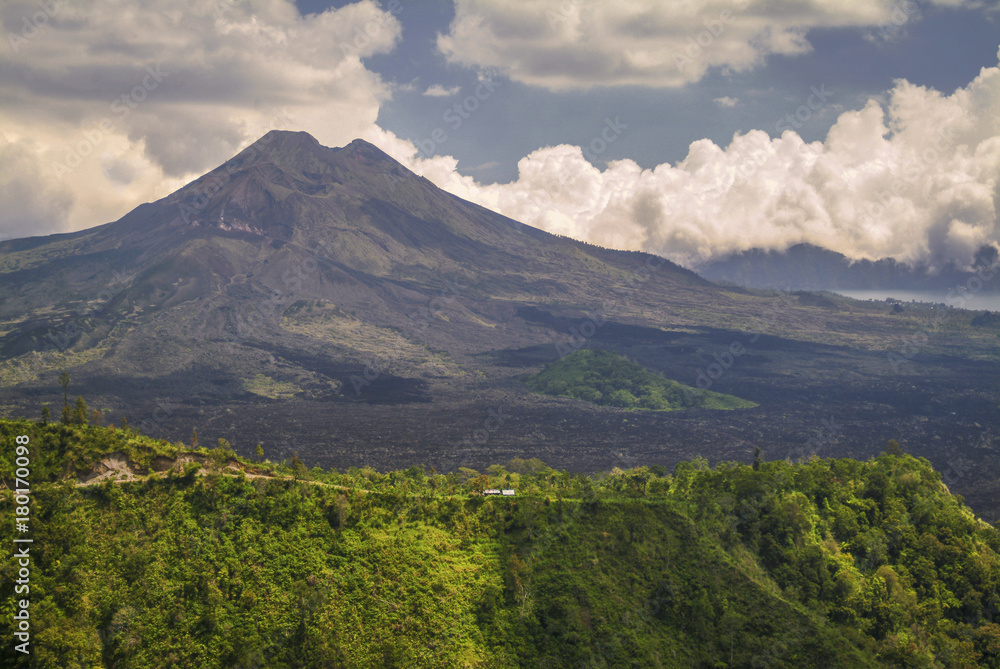 Mount Batur Volcano in Kintamani. Bali volcano, also referred to as Kintamani volcano or Mount Batur as a whole, is a popular sightseeing destination in Bali's central highlands. 