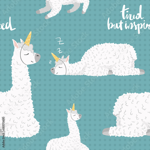 seamless pattern with cute cartoon lama alpaca with unicorn horn.polka dot seamless background.Vector Illustration.unique design for cards, posters,t-shirts,invitations. wrapping paper design