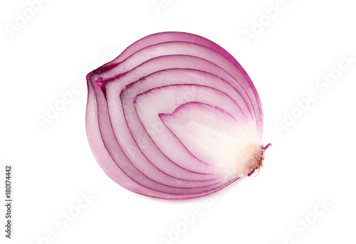 Red sliced onion isolated on white background. Close up