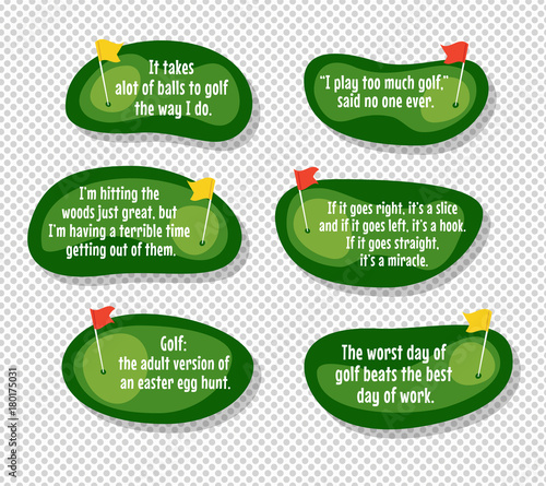 Set of funny quotes about golf with cartoon golf course map backgrounds