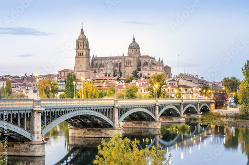 Cathedral of Salamanca and bridge over Tormes river, Spain