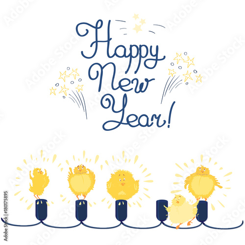 Vector bright illustration  with cartoon chickens and hand drawn letters Happy New Year. Isolated on white background.