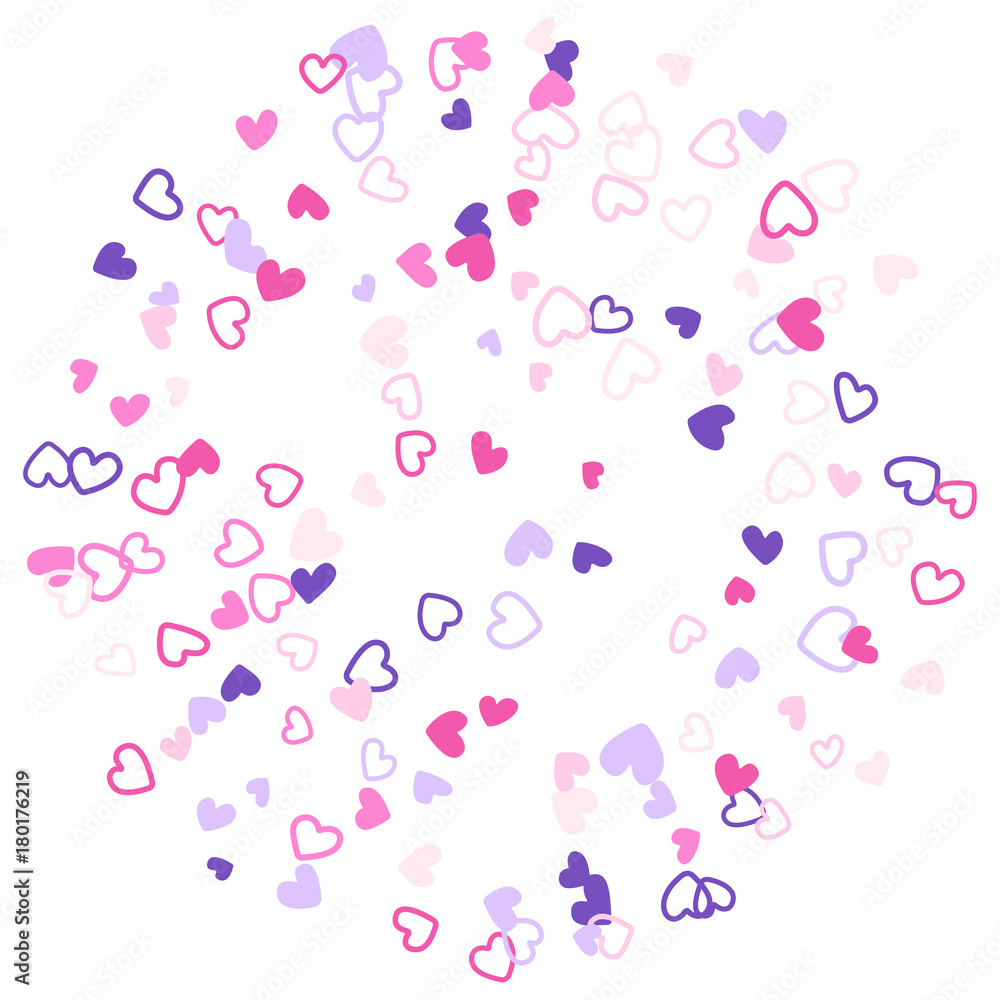 Colorful background with heart confetti. Valentine's day greeting card or wedding background party design. Flat style vector illustration with heart doodles confetti love symbols in pink, violet.