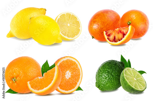 Various citrus fruits over white background