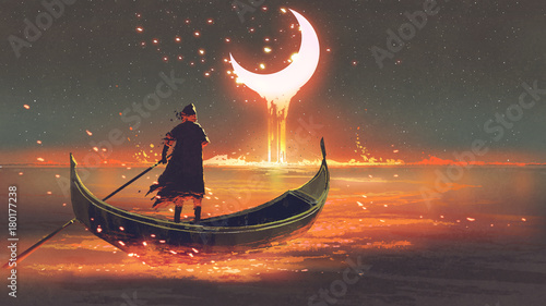 Fotografija surreal concept of the man rowing a boat in the glowing sea looking at the melti