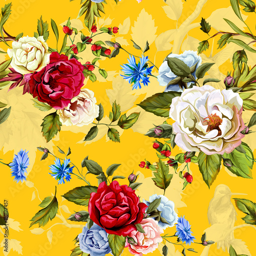 Wild Roses, peony, cornflowers, with leaves and humming bird on background on yellow. Stylized. Watercolor, hand drawn. Seamless pattern. Vector - stock.