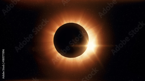 Full solar eclipse. The Moon mostly covers the visible Sun creating a diamond ring effect. This astronomical phenomenon can be seen as a sign of the End of the World. 3d illustration