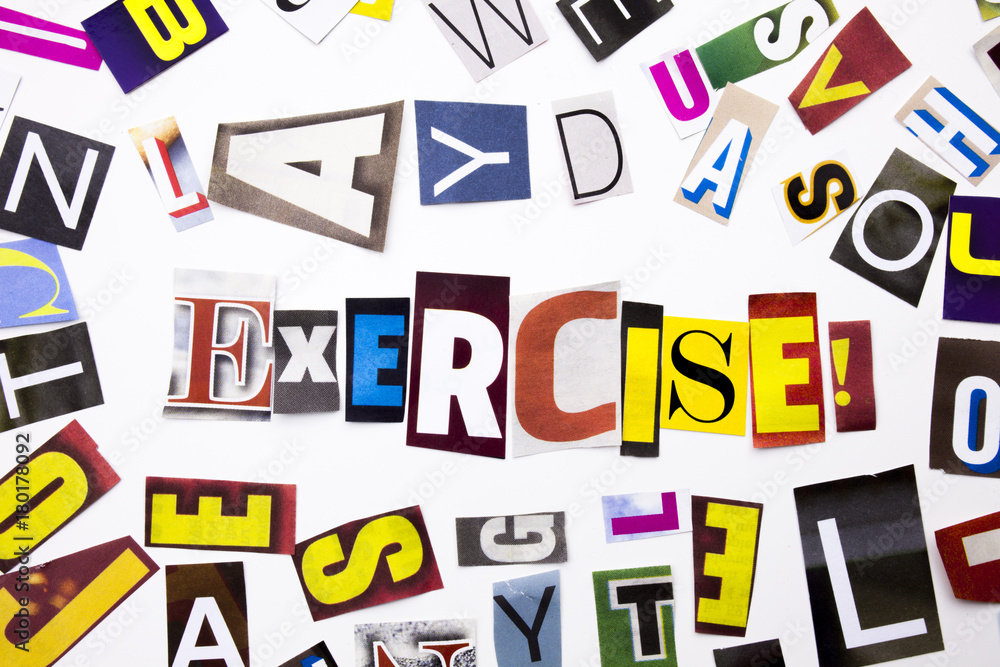 A word writing text showing concept of Exercise Workout made of different magazine newspaper letter for Business case on the white background with copy space A word writing text showing concept of Exercise Workout made of different magazine newspaper letter for Business case on the white background with copy space