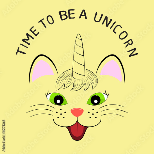 Cute fantasy cat unicorn.  Greeting card. Vector illustration.
