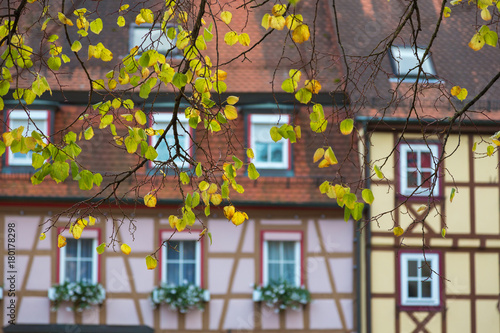 Yellow linden leaves on the background of traditional old German photo