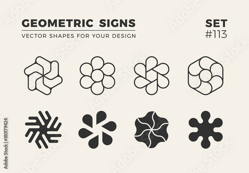 Set of eight minimalistic trendy shapes. Stylish vector logo emblems for Your design. Simple geometric signs collection.