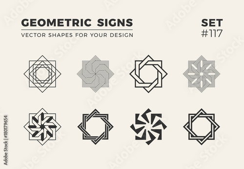 Set of eight minimalistic trendy shapes. Stylish vector logo emblems for Your design. Simple geometric signs collection.