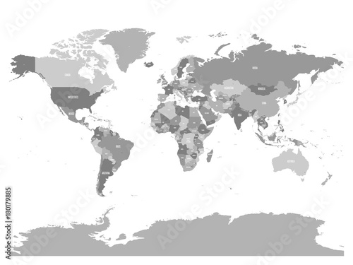 Political map of World with country names and capital cities. Grey vector map.
