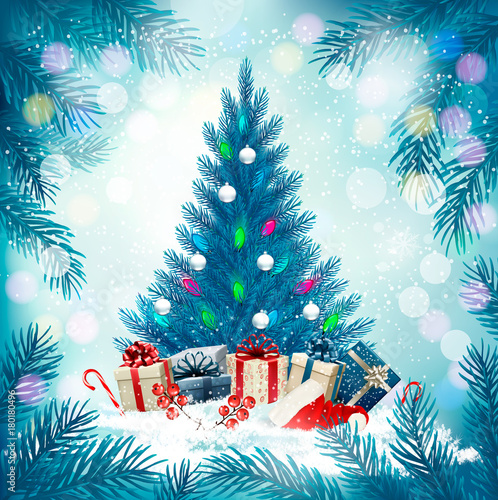 Christmas holiday background with a lantern and a colorful gift boxes. Vector