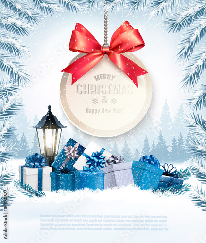 Christmas presents with a gift card and a gift boxes. Vector.