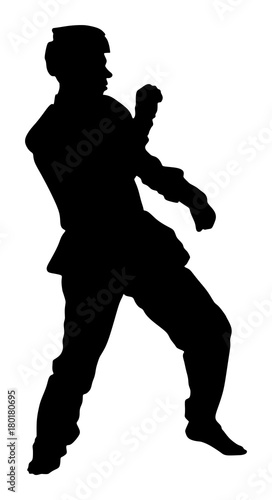 Taekwondo fighter vector silhouette illustration isolated. Sparring on training action. Self defense  defence art exercising concept. Warrior in the martial arts battle. Combat fight competition.