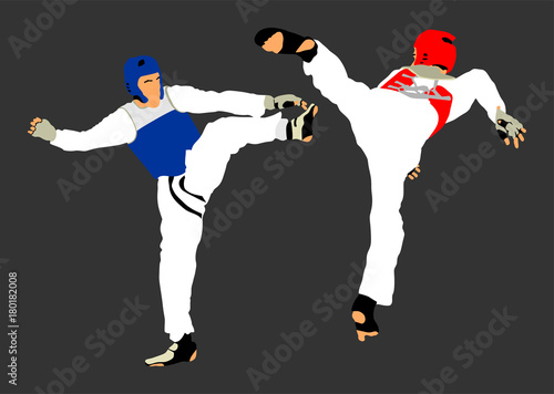 Fight between two taekwondo fighters vector illustration isolated. Sparring on training action. Self defense, defence art exercising concept. Warriors in the martial arts battle. Combat competition.
