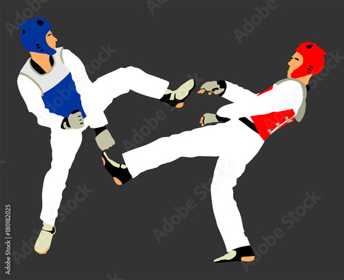 Fight between two taekwondo fighters vector illustration isolated. Sparring on training action. Self defense, defence art exercising concept. Warriors in the martial arts battle. Combat competition.