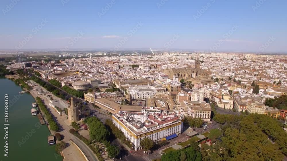 Seville city aerial view including the Cathedral and Torre del Oro in Sevilla, Andalusia, Spain. Seville city aerial view including the Cathedral and Torre del Oro in Sevilla, Andalusia, Spain.