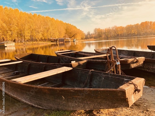 Autumn view with boats.