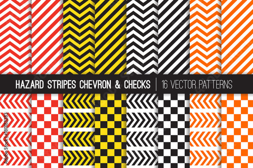 Hazard Stripes, Chevron and Checkerboard Vector Patterns. Barricade Tapes. Caution Warning Sign Backdrops. Brightly Colored Attention Catching Backgrounds. Repeating Pattern Tile Swatches Included. photo