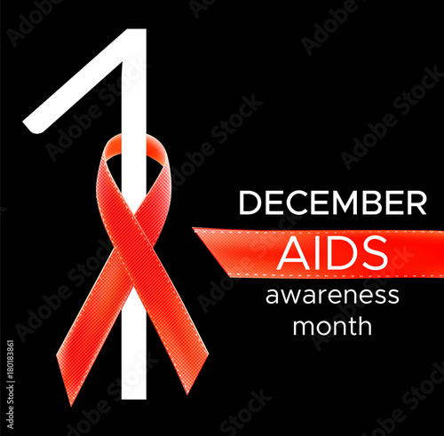 Vector realistic red riibon sign of aids and hiv awareness day and december month. design for poster card or banner