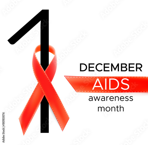 Vector realistic red riibon sign of aids and hiv awareness day and december month. design for poster card or banner