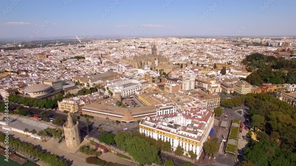 Seville city aerial view including the Cathedral and Torre del Oro in Sevilla, Andalusia, Spain. Seville city aerial view including the Cathedral and Torre del Oro in Sevilla, Andalusia, Spain.