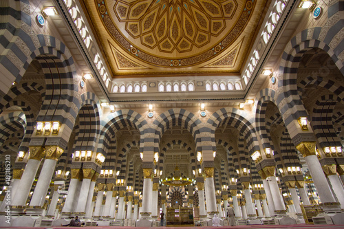 The Interior Design Of Prophet Muhammad Mosque In Medina. Al-Masjid An-Nabawi (Prophet's Mosque) Is A Mosque Established And Originally Built By The Prophet Muhammad PBUH, In Medina, Saudi Arabia. photo