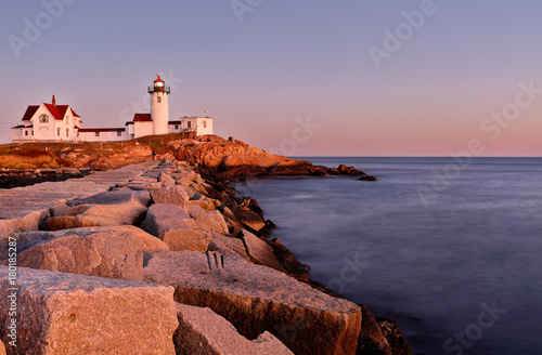 Beautiful sunset of Eastern Point Lighthouse at Gloucester, Massachusetts, USA. The Lighthouse is One of Five iconic lighthouses along the Cape Ann coastline.