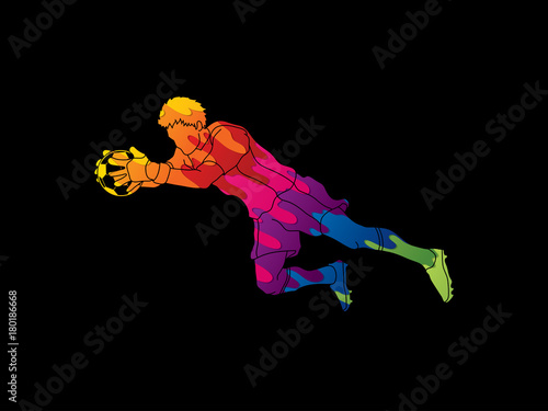 Goalkeeper jumping action, catches the ball designed using colorful graphic vector.