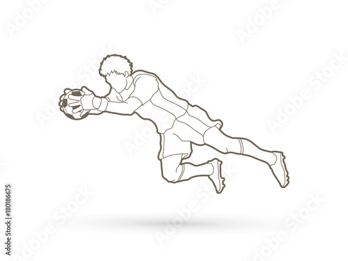 Goalkeeper jumping action, catches the ball graphic vector.