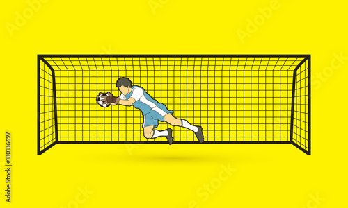 Goalkeeper jumping action, catches the ball graphic vector.