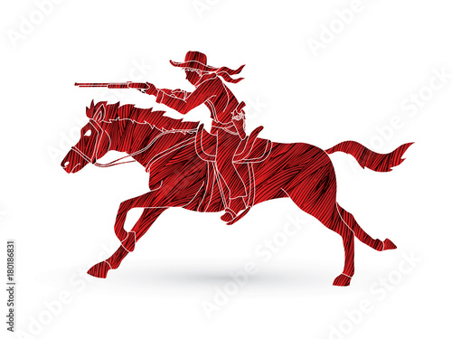Cowboy on horse, aiming rifle designed using red grunge brush graphic vector