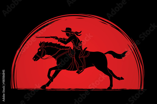 Cowboy on horse, aiming rifle designed on sunlight background graphic vector