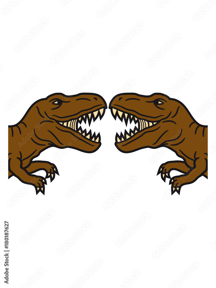 Fototapeta premium anschreien 2 team paar kampf duell feinde halb kopf brüllen t-rex tyrannosaurus saurier rex fleischfresser groß monster dinosaurier dino böse gefährlich fressen jagen
