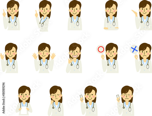 医者 女医 ドクター 働く人 女性 表情 ジェスチャー セット