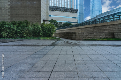 cityscape and skyline of shanghai in blue sky from empty floor.