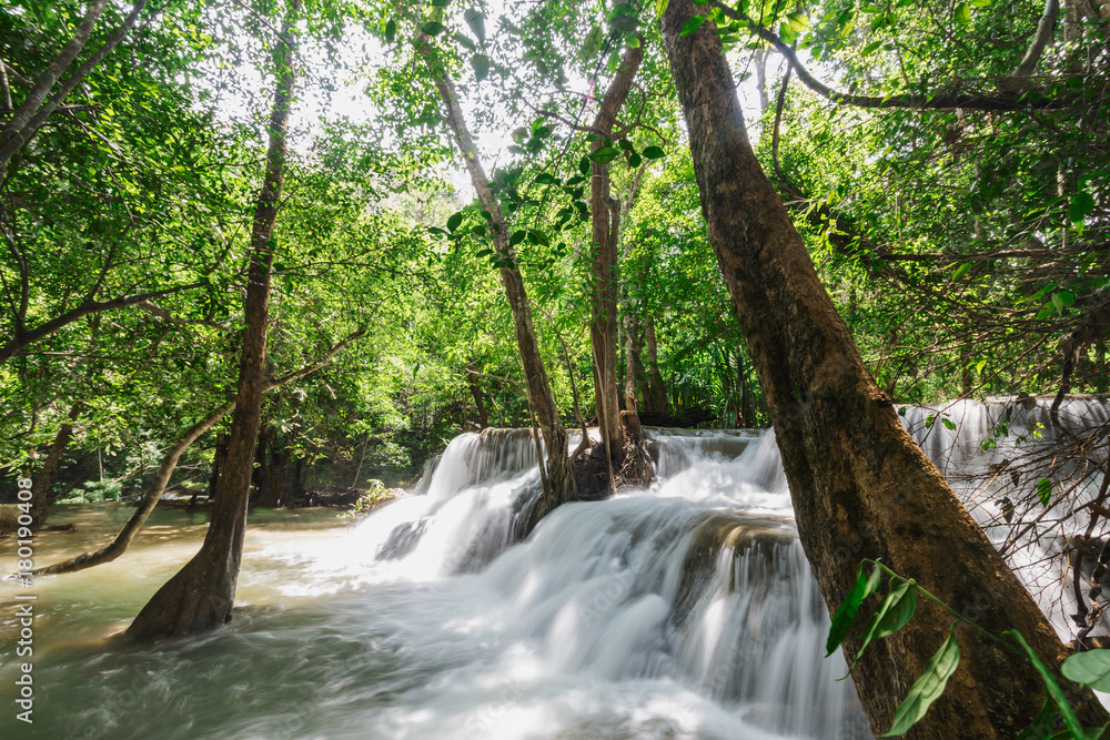 Fototapeta premium Beautiful Huai Mae Khamin waterfall in the rainy season, Kanchanaburi Province, Thailand.