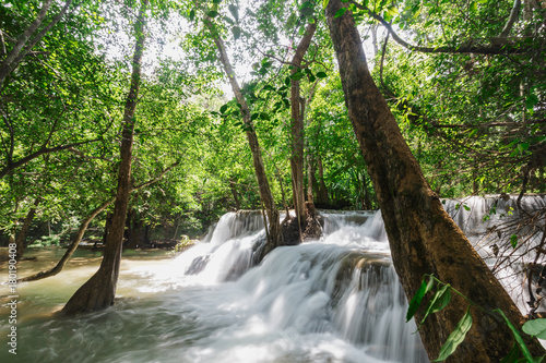 Beautiful Huai Mae Khamin waterfall in the rainy season, Kanchanaburi Province, Thailand.