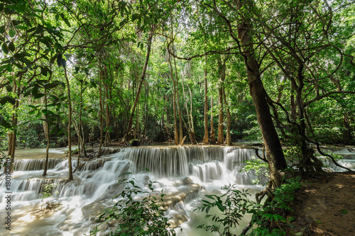 Beautiful Huai Mae Khamin waterfall in the rainy season, Kanchanaburi Province, Thailand. © chaphot