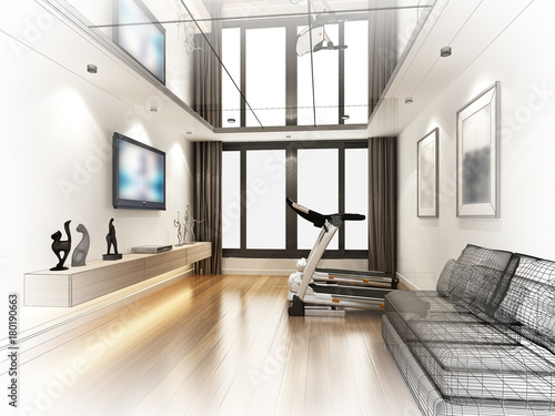 sketch design of living room ,3d rendering
