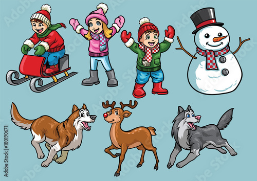 cartoon set of kids in winter activity