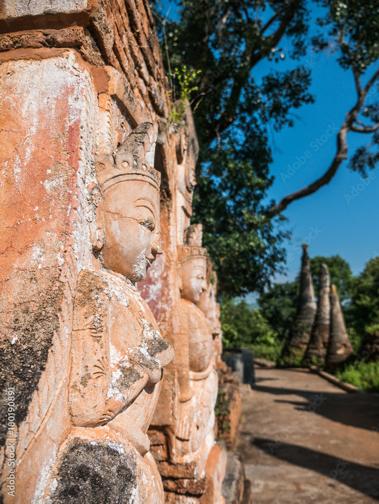 The stucco sculpture at Indein Pagoda, a group of ruin pagodas located at village of Indein, Inlay Lake, Shan State, Myanmar
