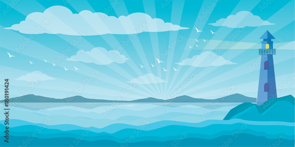 Sea and clouds, bird in the sky, sky, sea, scene, beautiful, background, water, nature, pattern, cloudscape, cartoon, landscape, ocean, vector illustration